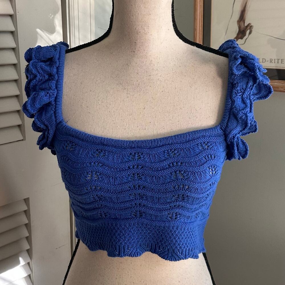 H&M Top Women Small Blue Cropped Crochet Knit Ruffle Sleeve Milkmaid Coquette
